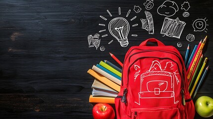 Red backpack with books, pencils, and apples on a dark wooden background with hand-drawn school doodles.