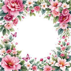 A circular frame surrounded by lush pink flowers and green leaves creates an elegant design