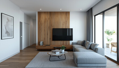 Modern living room with minimalist decor, featuring a gray sectional sofa, wooden accent wall, and large windows for natural light.