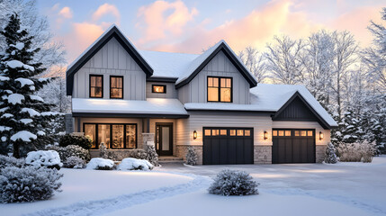 Cozy home house model covered in fresh snow creating winter season ambiance. cold sale property with frost roof showcasing mortgage potential.