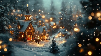 Fototapeta premium Snowy vintage Christmas village at night: Enchanting winter landscape for festive holidays. Perfect for a Christmas card.