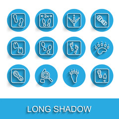 Set line Human footprints shoes, Magnifying glass with footsteps, Bear paw, and icon. Vector