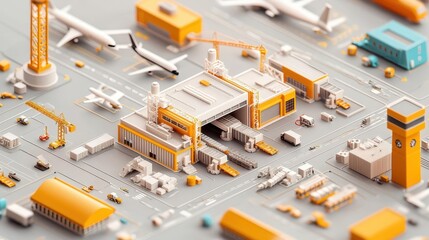 Isometric airport expansion with cranes building new gates and loading areas