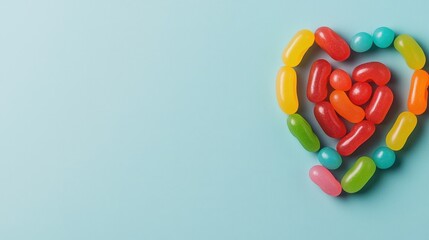 Colorful Jellybeans Concept, Colorful Jellybeans Arranged in Heart Shape on a Light Blue Background For Fun and Joyful Designs