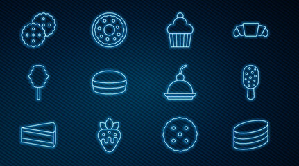 Set line Brownie chocolate cake, Ice cream, Cake, Macaron cookie, Cotton candy, Cookie or biscuit, Cherry cheesecake and Donut icon. Vector