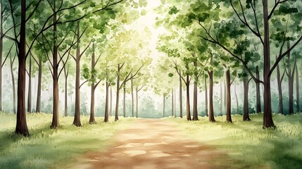 Fototapeta premium Serene Watercolor Forest Path with Sunlit Foliage and Peaceful Atmosphere