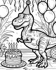 Naklejka premium A dinosaur wearing a party hat stands next to a birthday cake with lit candles. There are balloons floating around. It looks like he is ready to celebrate!