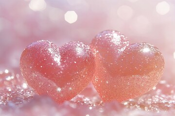Obraz premium Two glowing pink hearts suspended in sparkling light with a dreamy background