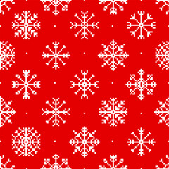 Seamless pattern with white pixel snowflakes on red background. Winter vector Illustration background