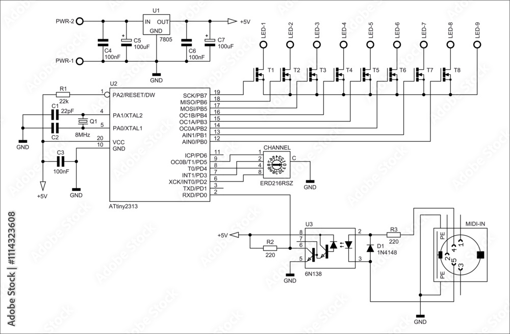Poster schematic diagram of digital electronic device on paper sheet. vector drawing electrical circuit wit