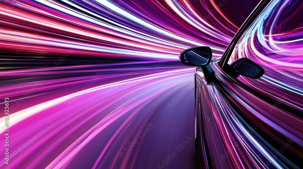 Poster a dynamic image showcasing a car in motion, surrounded by vibrant streaks of colorful lights, creati