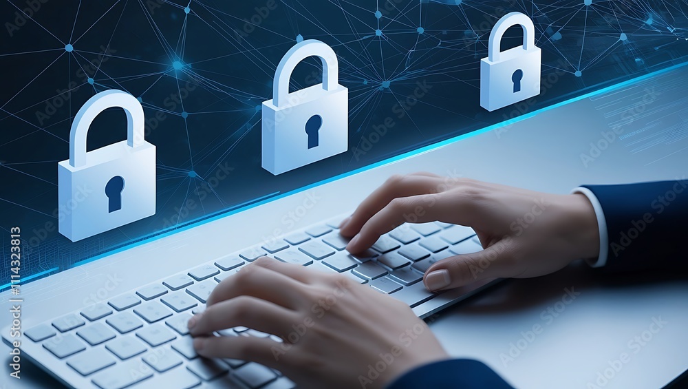 Aufkleber business woman hand using computer with padlock security interface to protect data, internet network