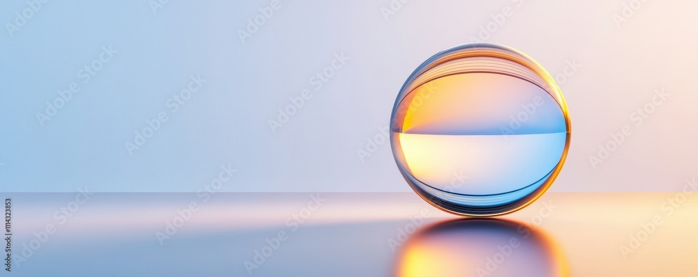 Poster a crystal-clear orb rests on a smooth surface, reflecting soft hues of blue and orange, creating a s