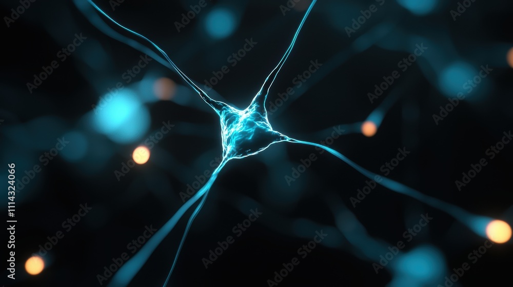 Poster a close-up view of a glowing neuron, showcasing its intricate structure against a dark background, h