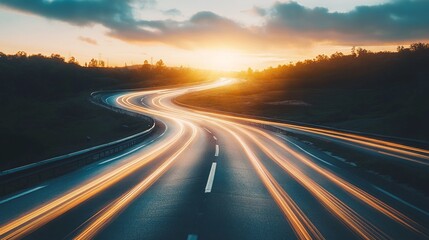 Sunset drive along a winding road scenic landscape serene environment captured moment in time