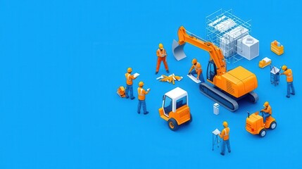 Isometric layout of an airport terminal under construction with cranes lifting steel beams