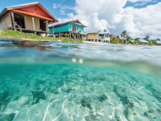 Obraz premium A serene coastal scene featuring colorful houses along the shoreline, with clear turquoise water reflecting fluffy clouds above.