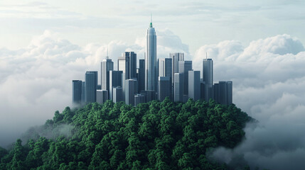 Fototapeta premium Modern skyline rising above a lush green forest and clouds, symbolizing harmony between nature and urban development.