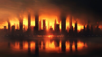 A dramatic skyline engulfed in flames, reflecting an apocalyptic scene over water, showcasing towering buildings amidst a fiery sunset.