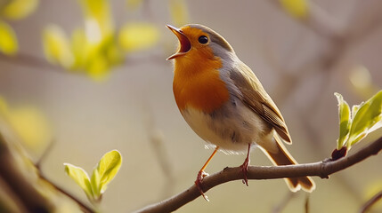 Fototapeta premium Melodious bird perched singing sweet song on tree branch in spring nature, forest wildlife with cute happy animal sounds echoing through leaves.