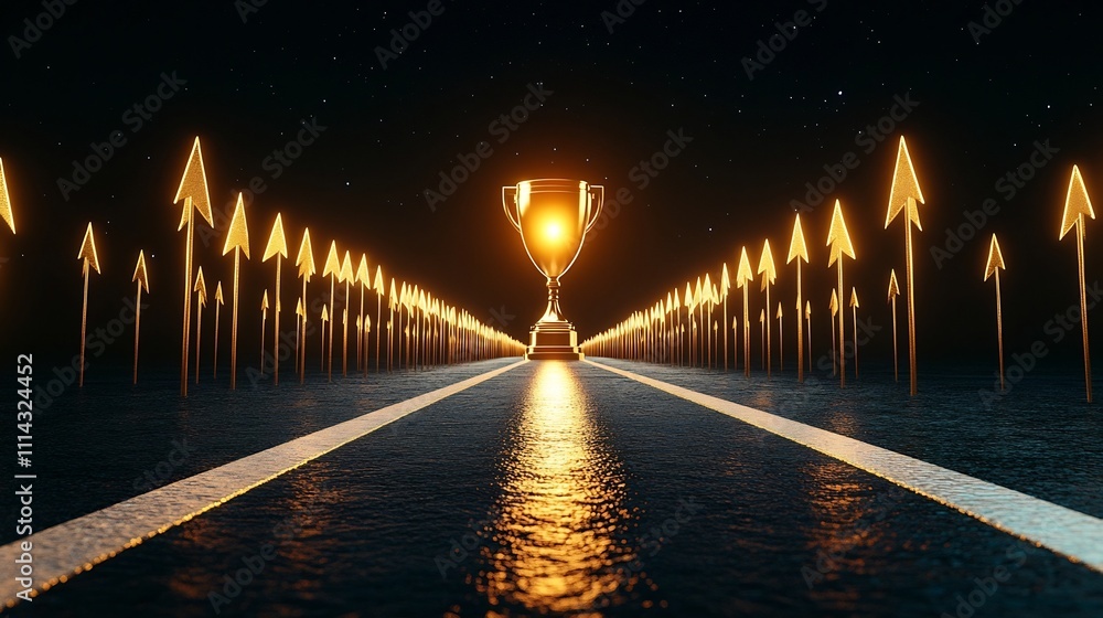 Poster glowing trophy at the end of a golden arrow-lined path symbolizing the journey to success and