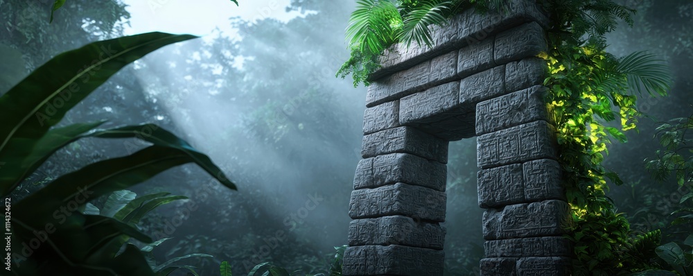 Poster a mysterious stone archway surrounded by lush greenery and soft beams of light filters through the f