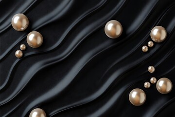 Elegant pearls on black silk waves.