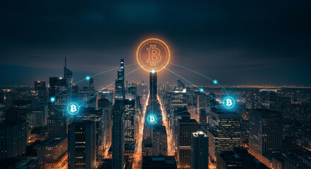 A futuristic city powered by blockchain technology, with glowing nodes connecting buildings.