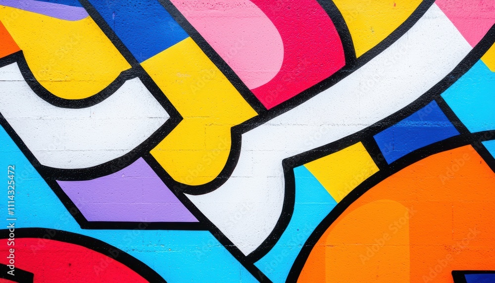Poster a vibrant abstract mural featuring bold colors and dynamic shapes that create a lively, artistic exp