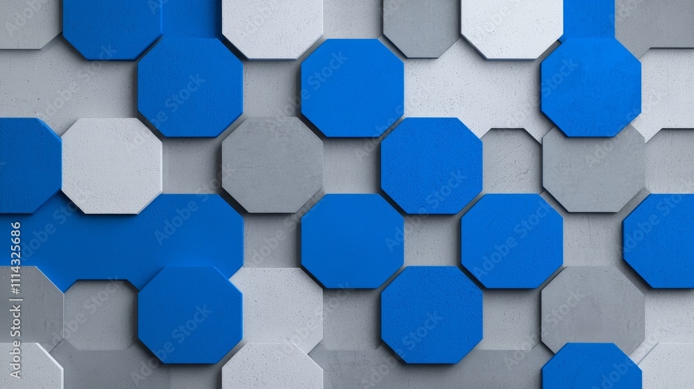Poster a pattern of hexagonal tiles in multiple hues of blue and gray.