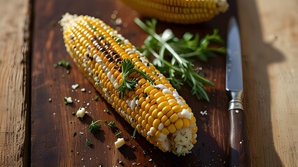 A close-up of freshly grilled corn on the cob, topped with butter and herbs, served on a wooden board