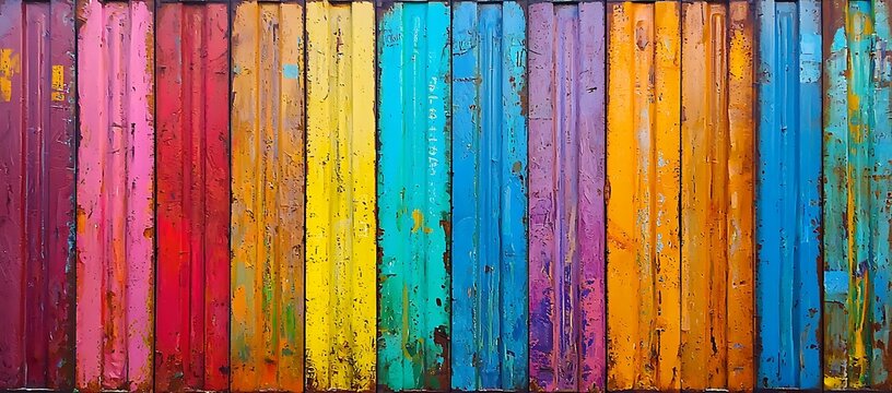 Vibrant, Multicolored Wooden Planks with Distressed Paint