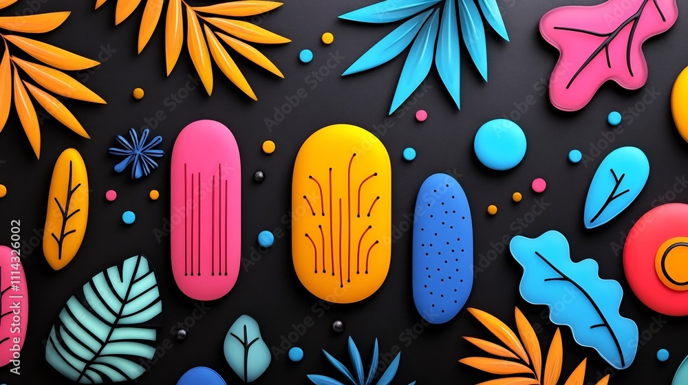 Poster vibrant neon abstract patterns on dark background with glowing shapes and lines