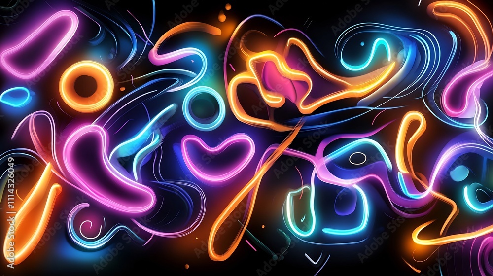 Aufkleber bright neon abstract patterns with glowing shapes and lines on dark background