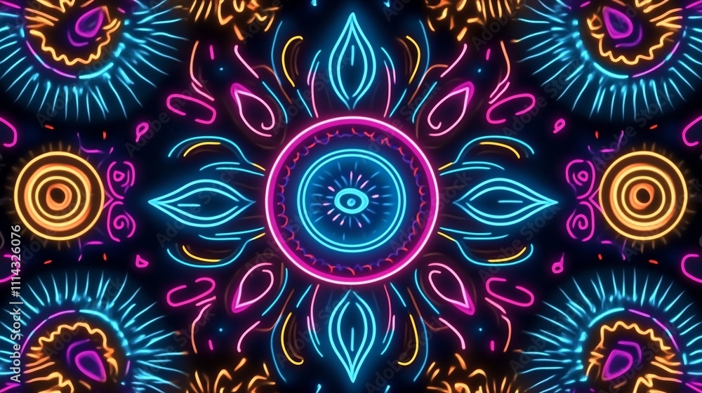Poster neon abstract patterns on black background with glowing shapes and lines