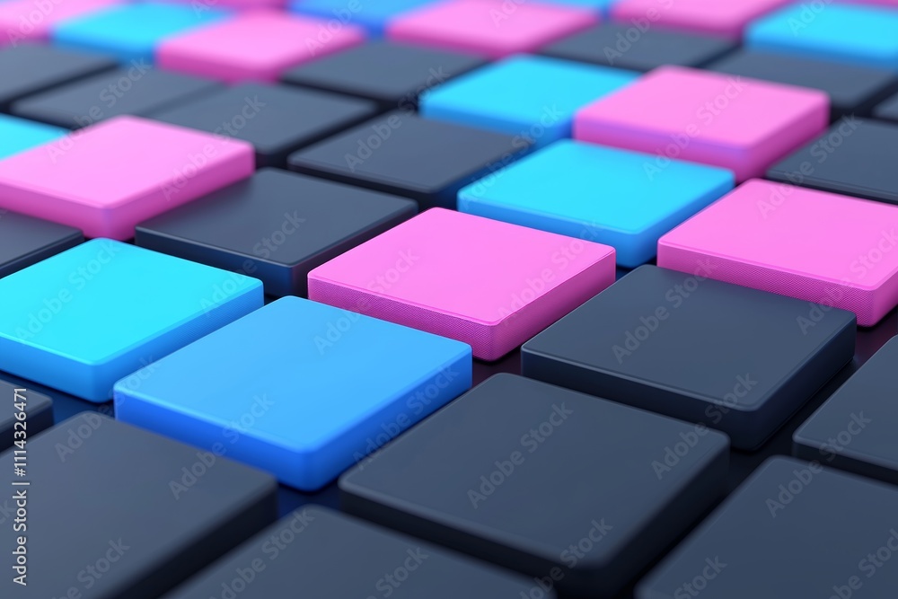 Poster brightly colored squares and lines arranged in an abstract design on a dark background.