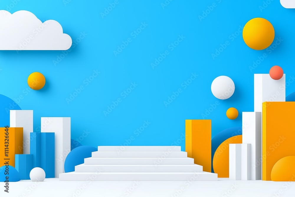 Poster a landscape of abstract geometric forms with floating shapes in a blue gradient backdrop.