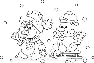 Cute little mole pulling a sledge with a small toy snowman on a snowy winter day, black and white outline vector cartoon illustration for a coloring book