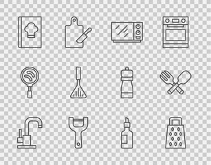 Set line Water tap, Grater, Microwave oven, Vegetable peeler, Cookbook, Barbecue spatula, Bottle of olive oil and Crossed fork and spoon icon. Vector