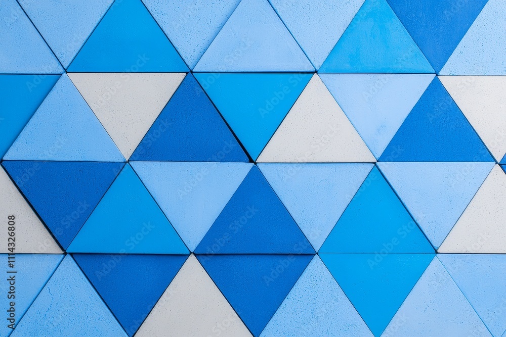 Poster an abstract geometric pattern with textured blue triangles.