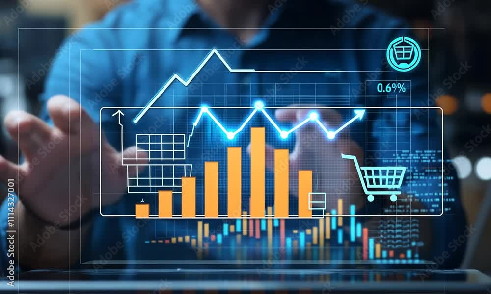 Aufkleber a man's hand reaches out to touch a transparent screen displaying a graph and a shopping cart icon, 