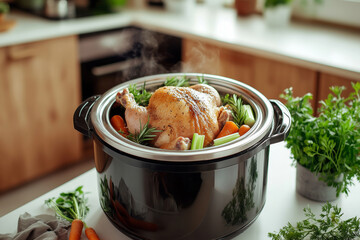 Slow cooker with a whole chicken cooking in broth, surrounded by fresh herbs, carrots, and celery.