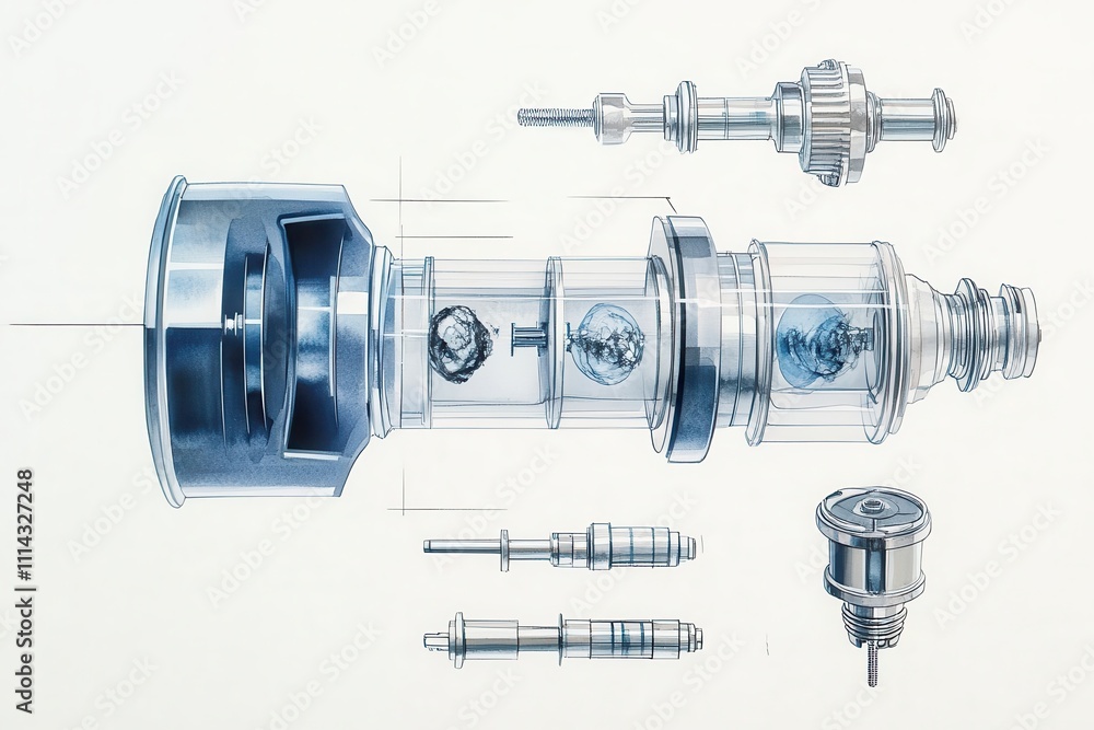 Poster a detailed illustration of a mechanical component, showcasing various parts in a transparent view, h