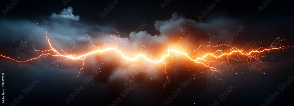 Poster striking display of orange lightning cutting through dark clouds, creating dramatic and intense atmo