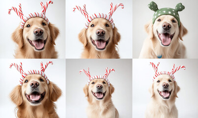 Happy golden retriever wearing festive hats in playful collage. dog joyful expressions and holiday themed accessories create cheerful atmosphere