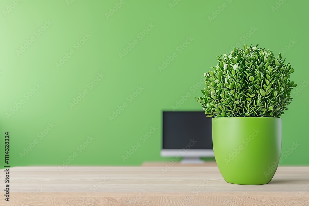 Poster a modern workspace with plants and a computer setup.