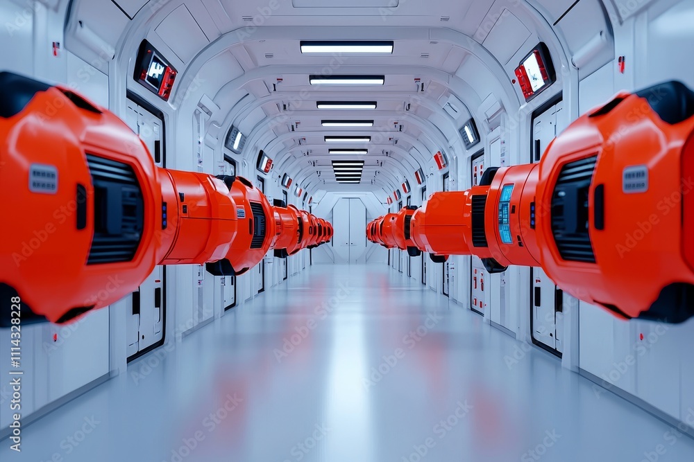 Poster robots used in manufacturing operate on an assembly line in a contemporary factory.