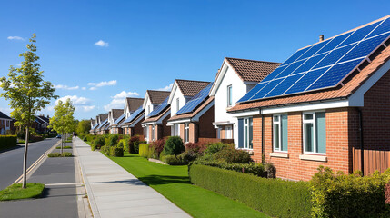 Obraz premium Modern British houses with solar panels line sunny street, showcasing eco friendly living. well maintained gardens and clear blue sky enhance inviting atmosphere