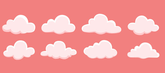 Cartoon pink cloud set on sky background vector illustration. Collection of dawn element