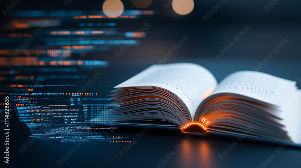 Poster open book with glowing pages symbolizes knowledge and innovation, surrounded by digital data streams